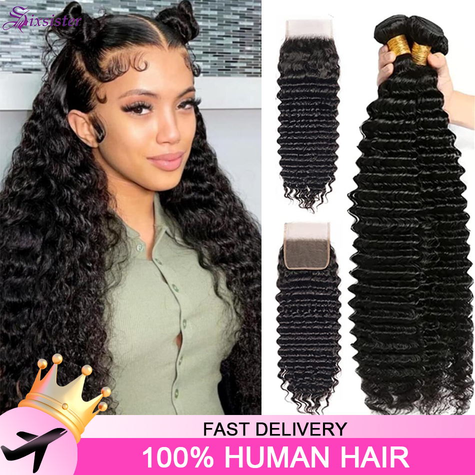Deep Wave Human Hair Bundles w - Deep Wave 3 Bundles With Closure ulasan dan harga