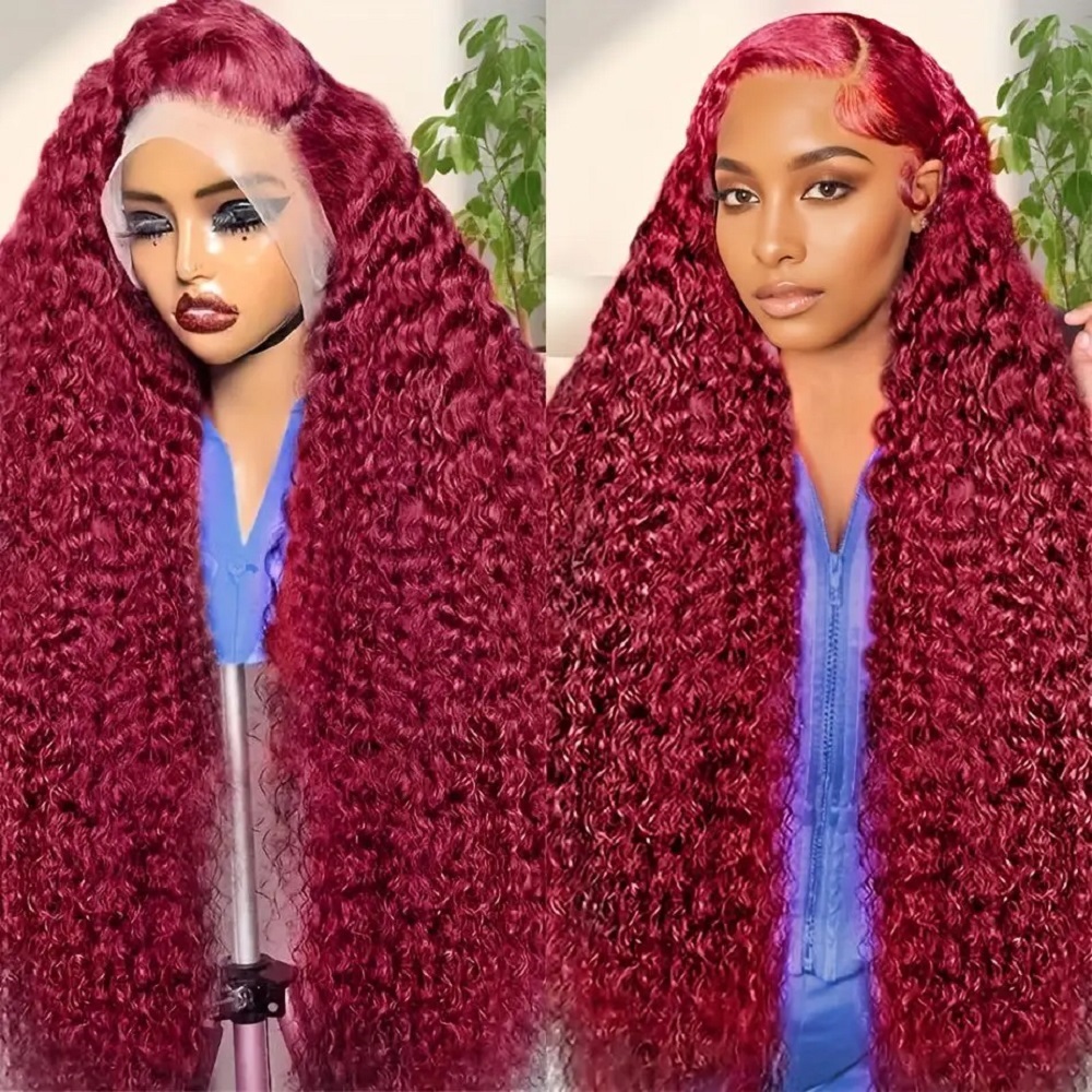 200 Density Burgundy Deep Wave - Lace Front Wigs ulasan dan harga