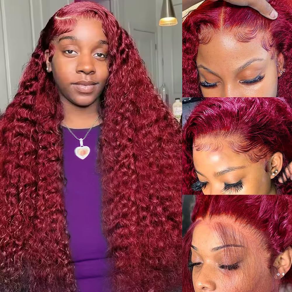 200 Density Burgundy Deep Wave - Lace Front Wigs ulasan dan harga